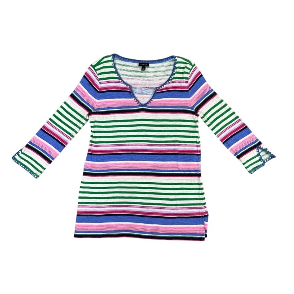 Talbots Womens XS Multi Color Striped Split V-Neck Crochet Trim Top 11891